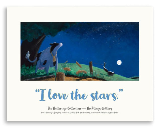 Mindful cow, Buttercup, a serene and loving cow, loves the starry night sky. From the book Buttercup's Lovely Day by Carolyn Beck.