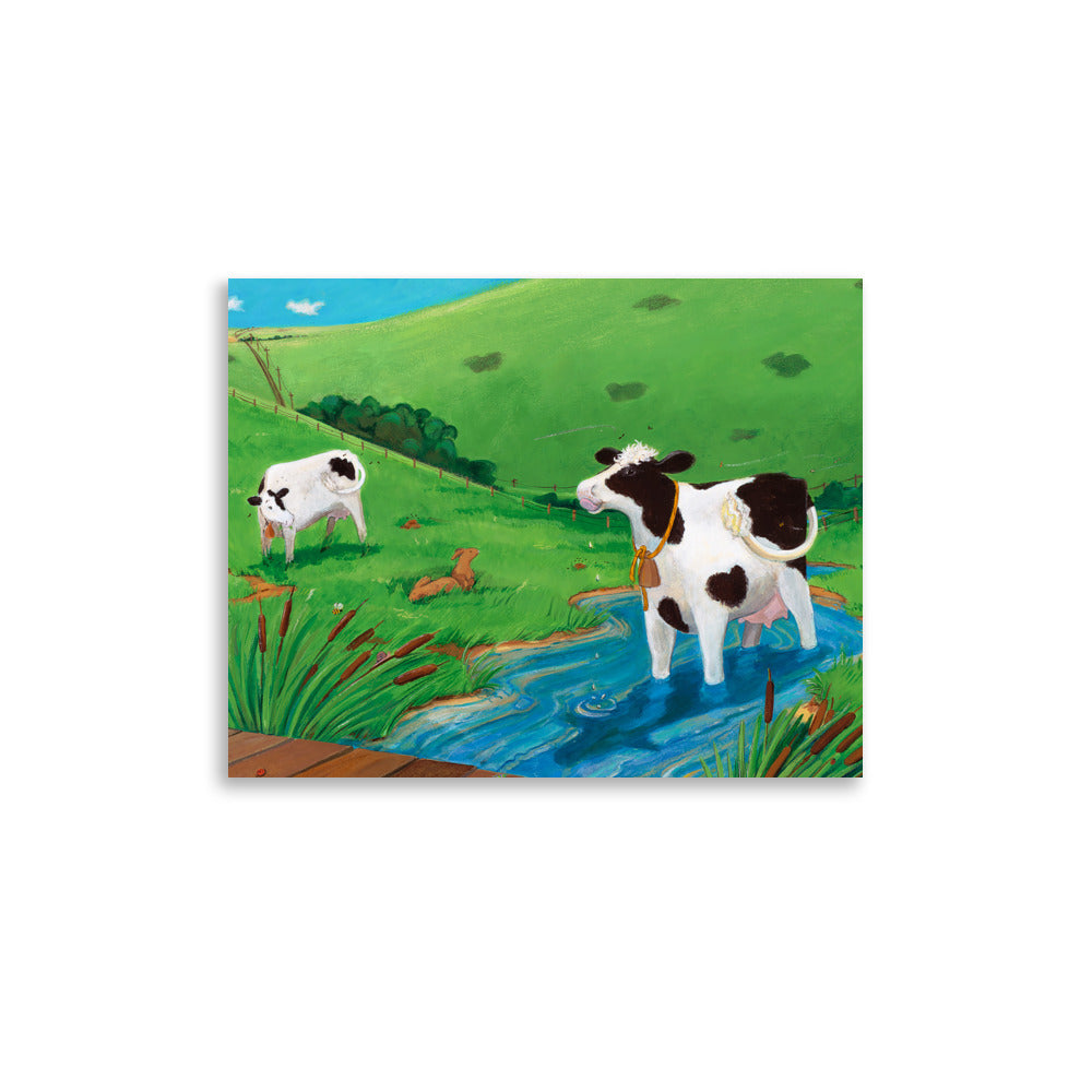 Print of Buttercup, a mindful cow, who enjoys the water as it bubbles and guggles through her legs. From the book, Buttercup's Lovely Day by Carolyn Beck, art by Andrea Beck