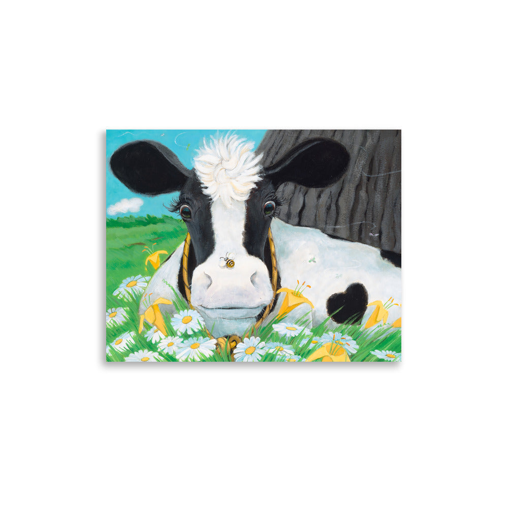 Darling Buttercup the Cow is startled by the bumble bee on her nose. From the book Buttercup's Lovely Day by Carolyn Beck, art by Andrea Beck