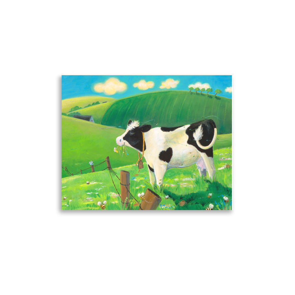 Mindful cow Buttercup, loves everything about her day. Cow munching grass in field. Andrea Beck. From Buttercup's Lovely Day by Carolyn Beck