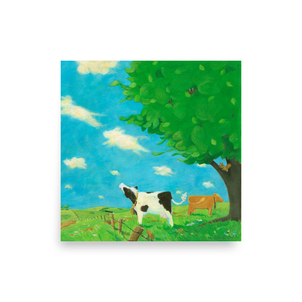 Mindful, sweet cow sees animal shapes in the clouds. Art print from Buttercup's Lovely Day