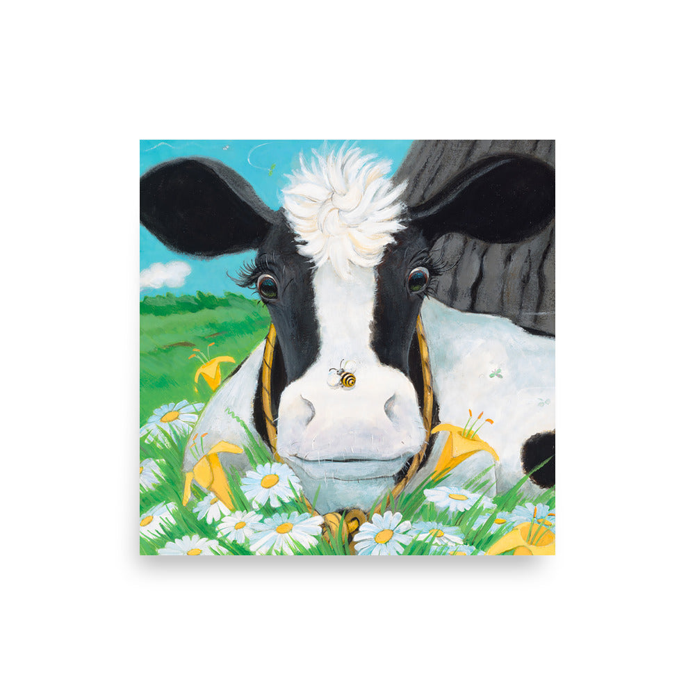 Darling Buttercup the Cow is startled by the bumble bee on her nose. From the book Buttercup's Lovely Day by Carolyn Beck, art by Andrea Beck