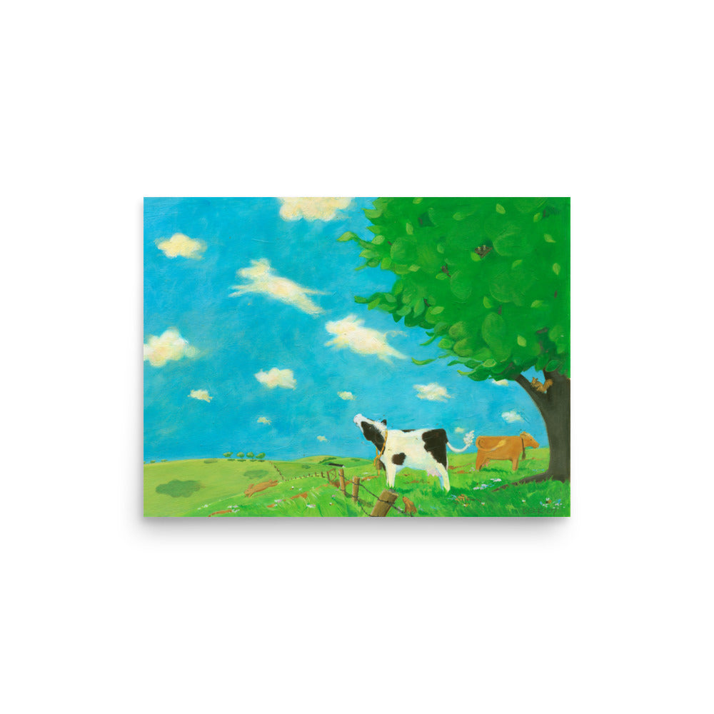 Mindful, sweet cow sees animal shapes in the clouds. Art print from Buttercup's Lovely Day