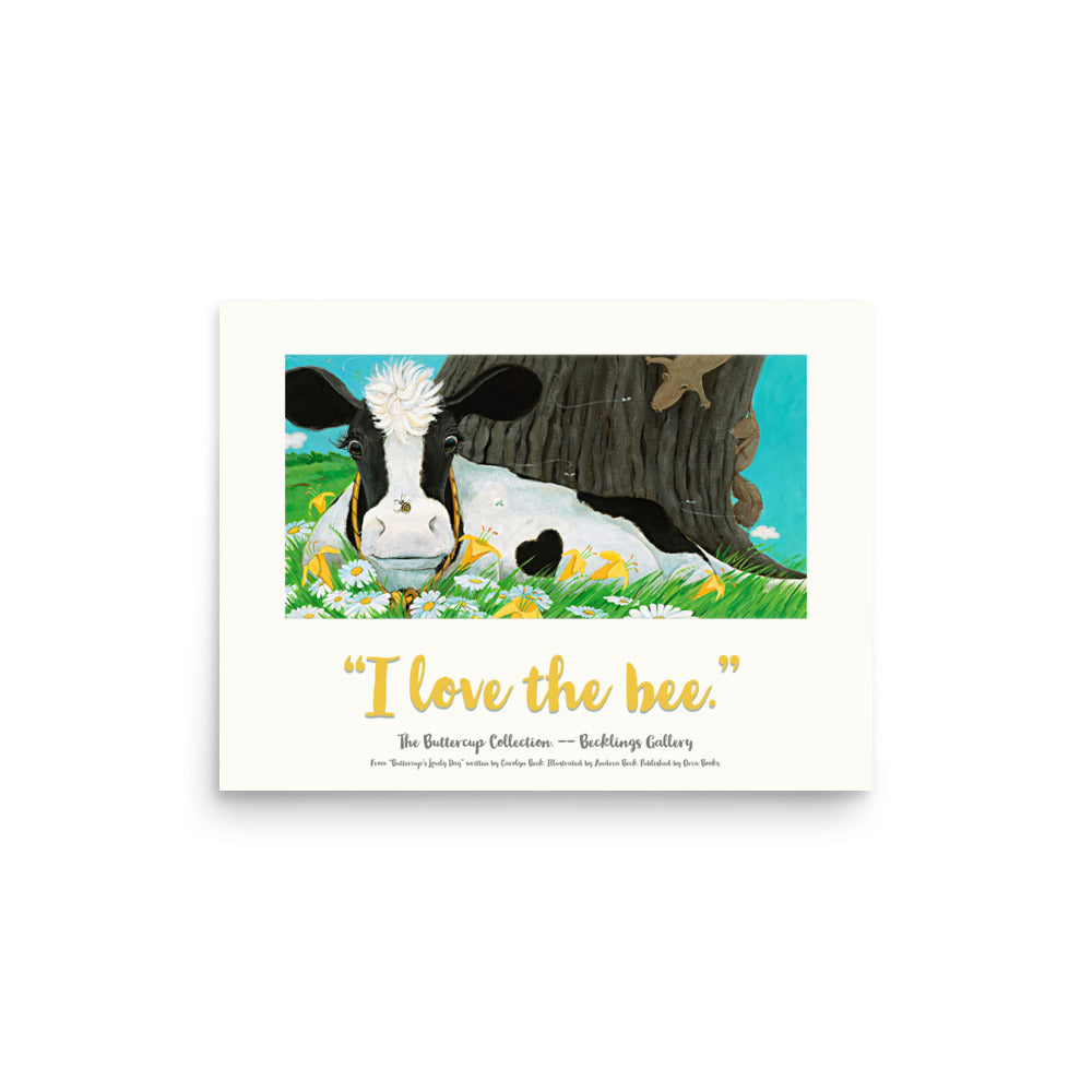 Mindful Cow ,Buttercup, from the "I Love Series" based on the book Buttercup's Lovely Day. Image shows a cow with a bumble bee on her nose, lying in a field of flowers.