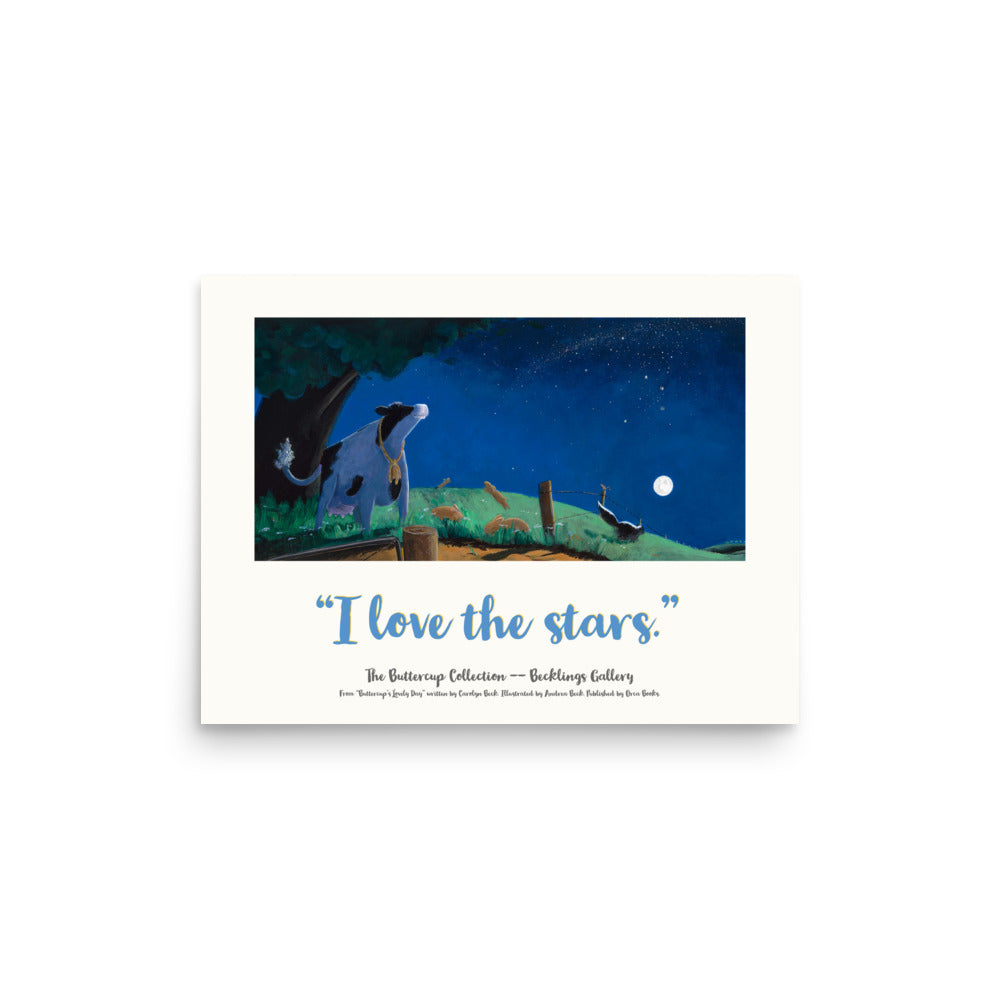 Mindful cow, Buttercup, a serene and loving cow, loves the starry night sky. From the book Buttercup's Lovely Day by Carolyn Beck.