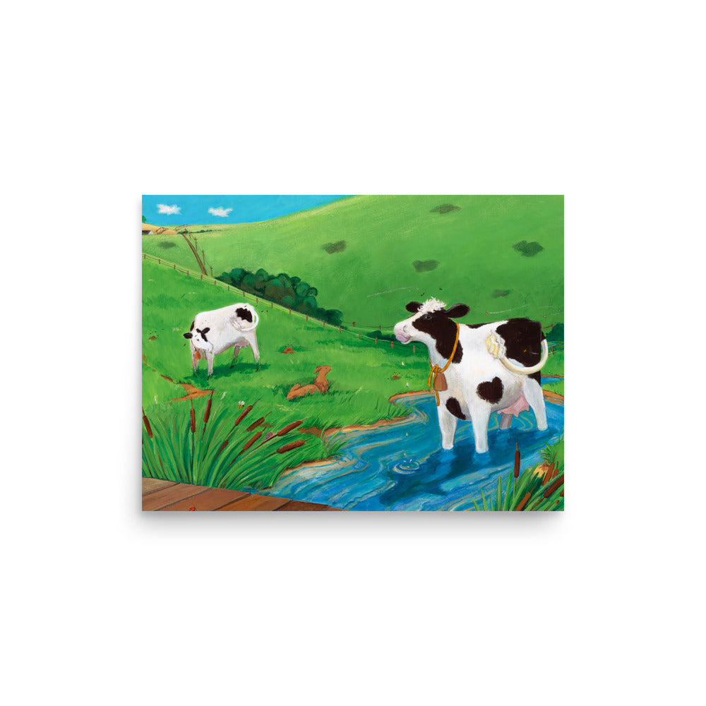 Print of Buttercup, a mindful cow, who enjoys the water as it bubbles and guggles through her legs. From the book, Buttercup's Lovely Day by Carolyn Beck, art by Andrea Beck