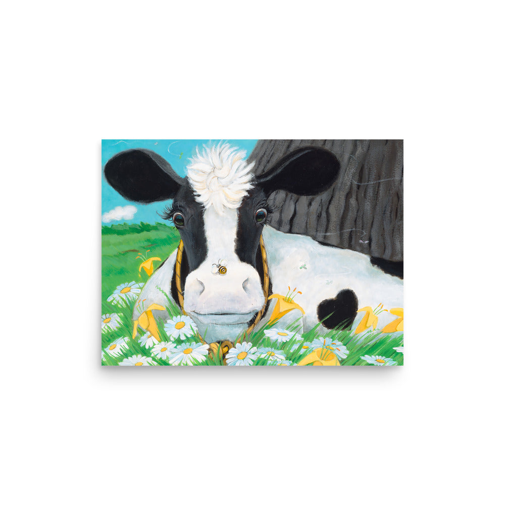 Mindful sweet Buttercup Cow print. Cow is startled by the bumble bee on her nose. From the book Buttercup's Lovely Day by Carolyn Beck, art by Andrea Beck