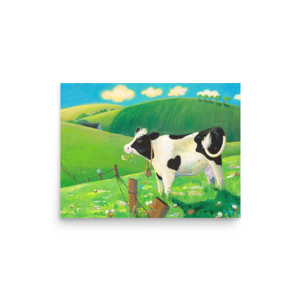 Mindful cow Buttercup, loves everything about her day. Cow munching grass in field. Andrea Beck. From Buttercup's Lovely Day by Carolyn Beck