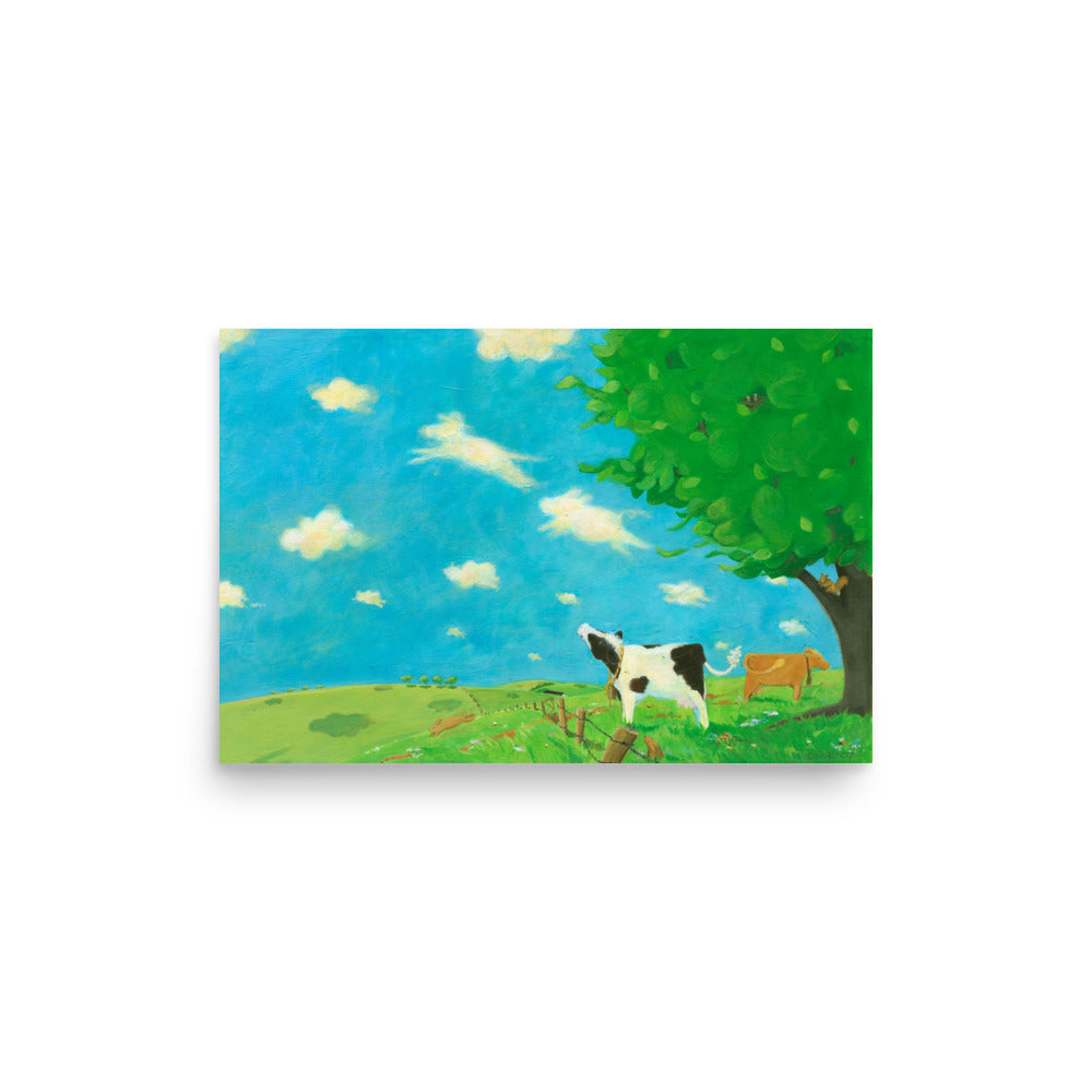 Mindful, sweet cow sees animal shapes in the clouds. Art print from children's book Buttercup's Lovely Day. Pastoral imagery.