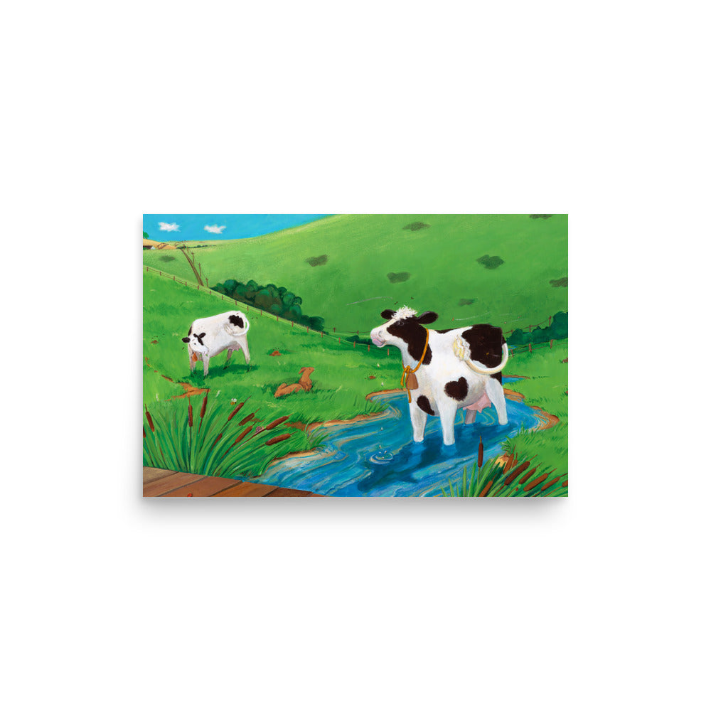 Pastoral cow art, Buttercup a mindful cow stands in a stream and enjoys the water. By Andrea Beck