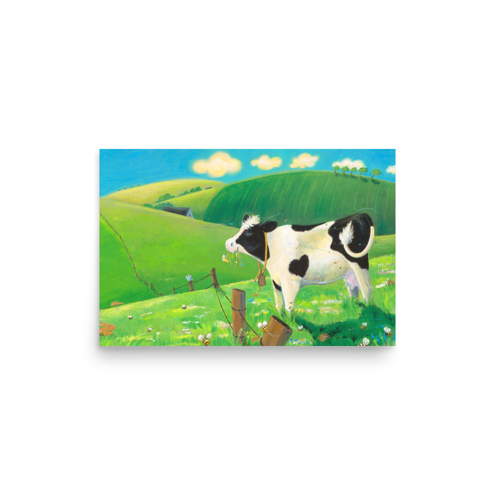 Mindful cow Buttercup, loves everything about her day. Cow munching grass in field. Andrea Beck. From Buttercup's Lovely Day by Carolyn Beck