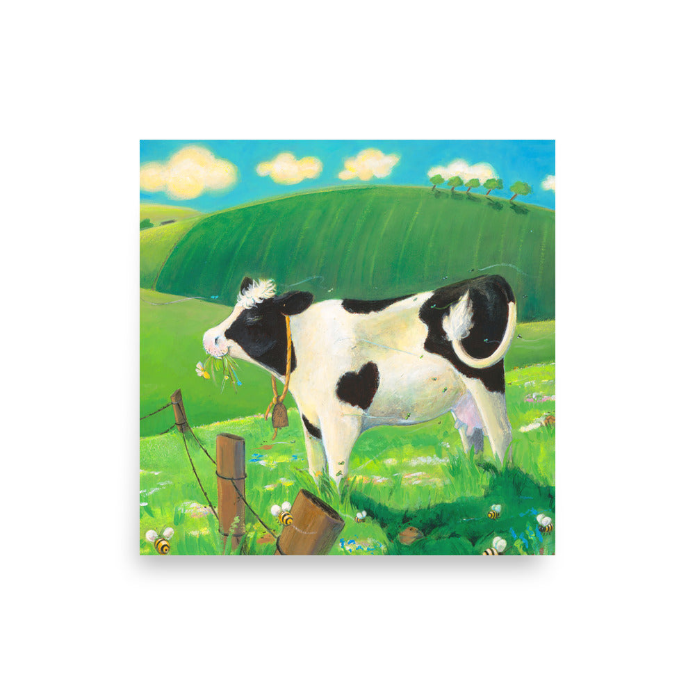 Mindful cow Buttercup, loves everything about her day. Cow munching grass in field. Andrea Beck. From Buttercup's Lovely Day by Carolyn Beck