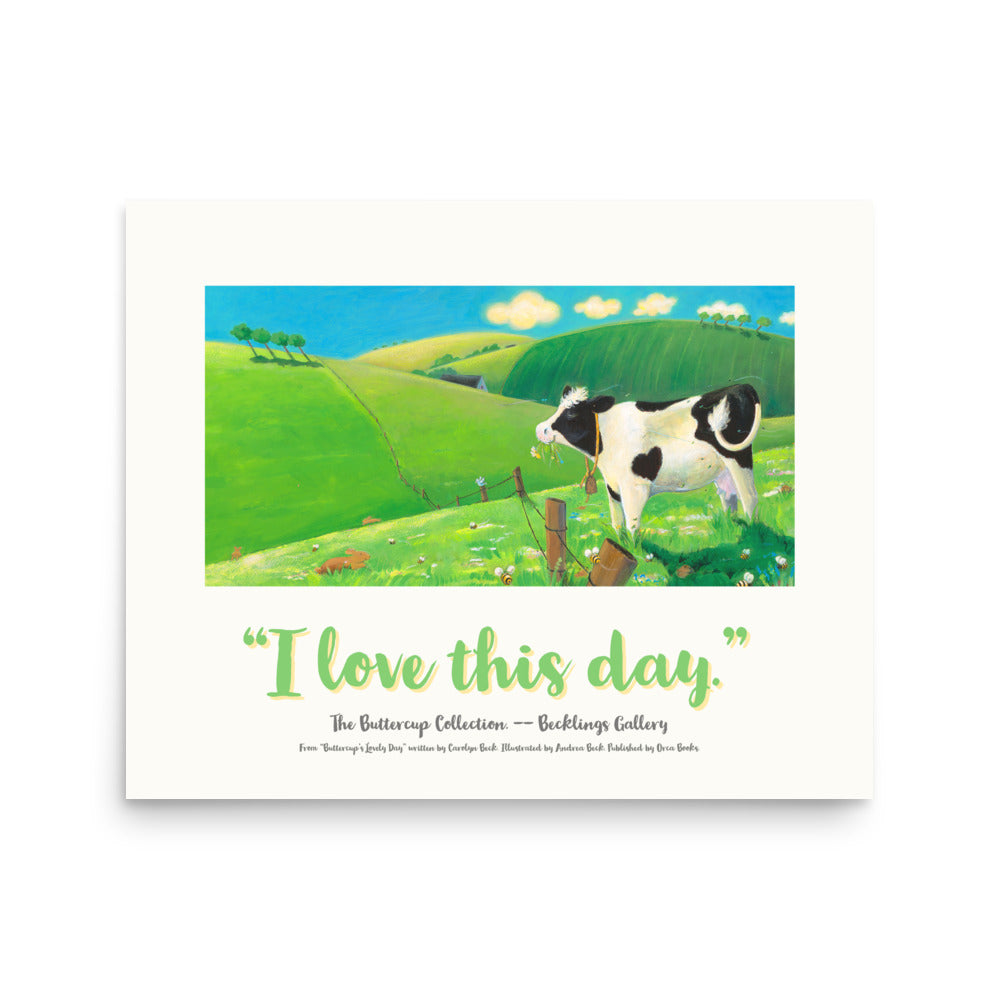 Buttercup the cow loves her day. From "I Love" series of posters by Andrea Beck, Nursery Decor, Picture book art. Cow art. Buttercup's Lovely Day by Carolyn Beck