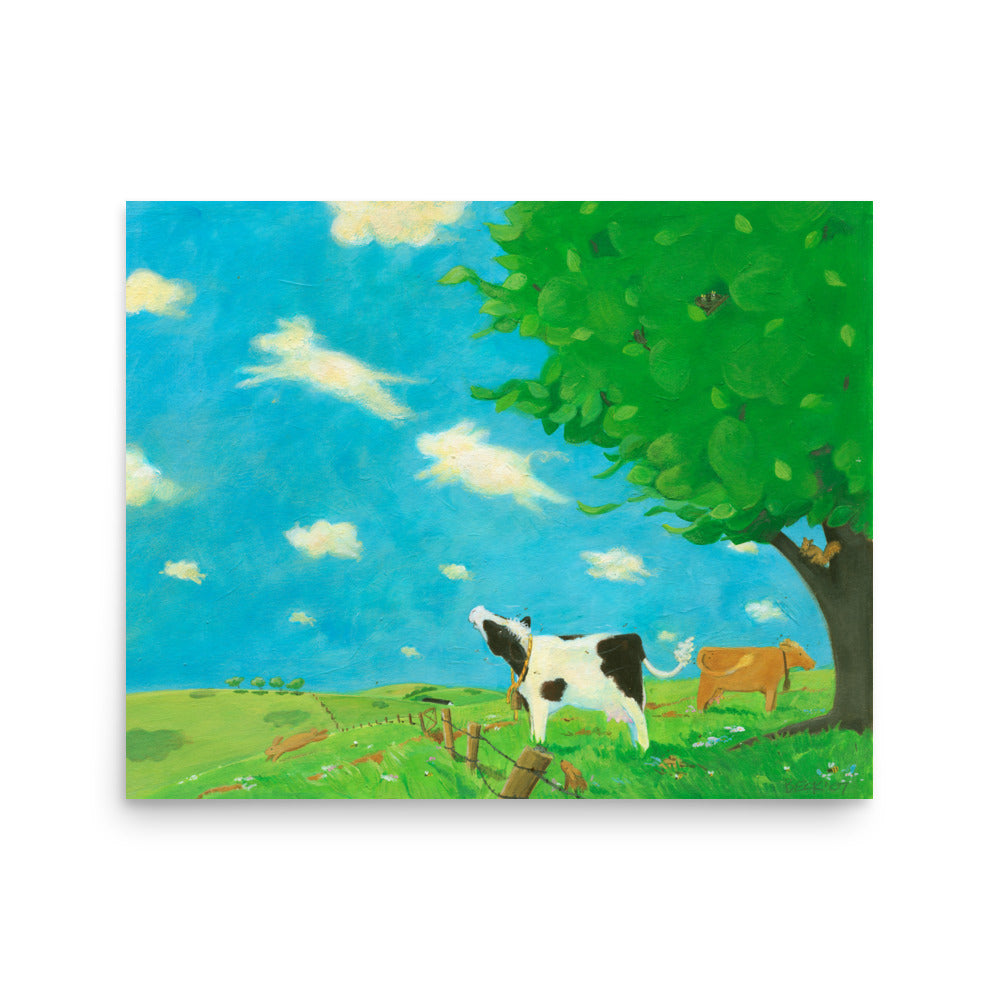 Mindful, sweet cow sees animal shapes in the clouds. Art print from children's book Buttercup's Lovely Day. Pastoral imagery.