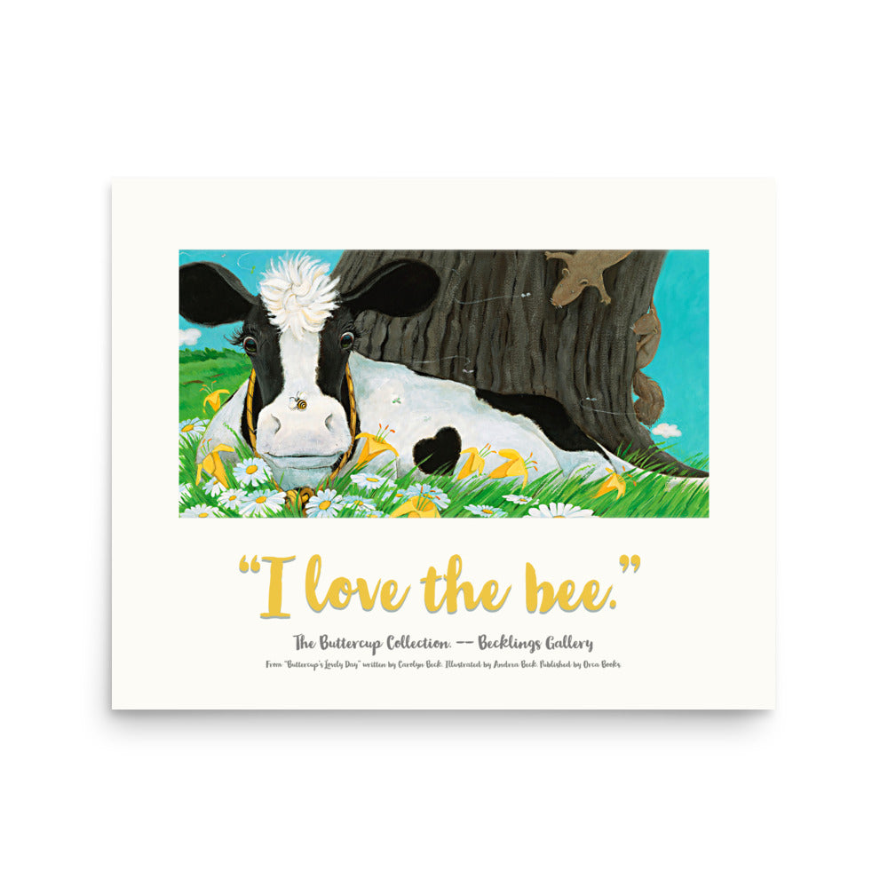 Mindful Cow, Buttercup, from the "I Love Series" based on the book Buttercup's Lovely Day. Image shows a cow with a bumble bee on her nose, lying in a field of flowers.