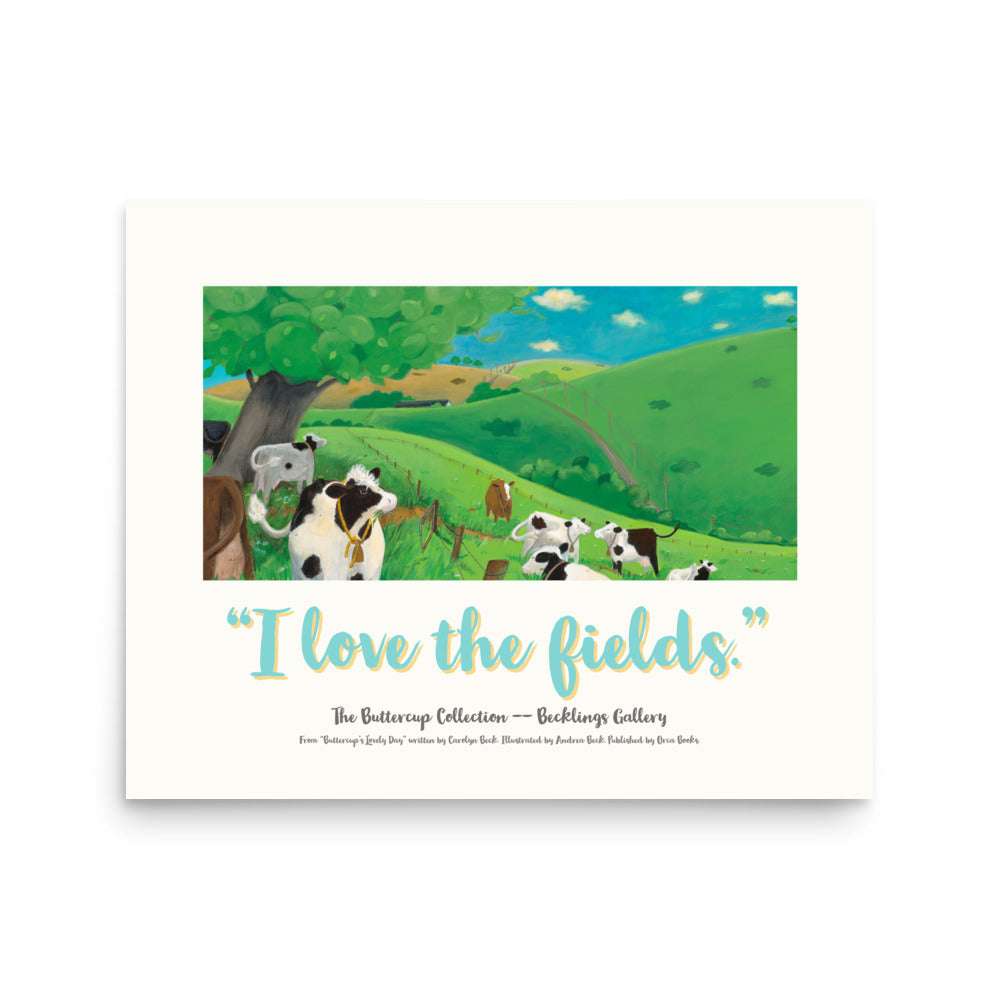 Mindful Buttercup, that beautiful COW, enjoys her field. Lush green fields with black and white COWS.