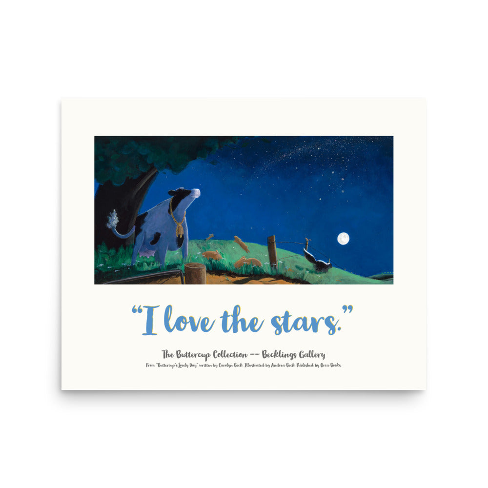 Mindful cow, Buttercup, a serene and loving cow, loves the starry night sky. From the book Buttercup's Lovely Day by Carolyn Beck.