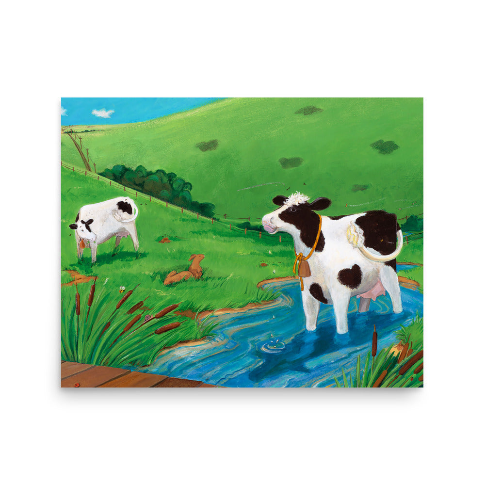 Pastoral cow art, Buttercup a mindful cow stands in a stream and enjoys the water. By Andrea Beck