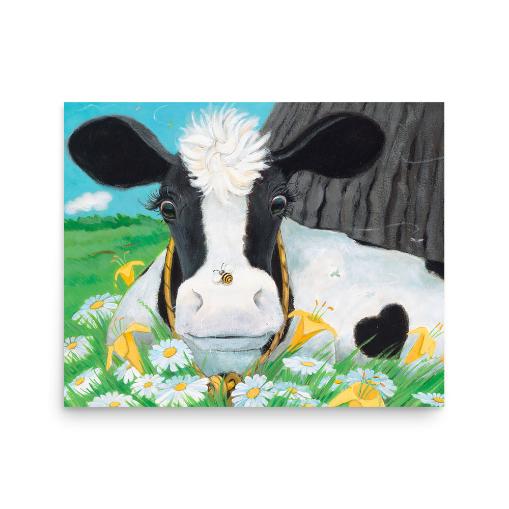 Mindful sweet Buttercup Cow print. Cow is startled by the bumble bee on her nose. From the book Buttercup's Lovely Day by Carolyn Beck, art by Andrea Beck