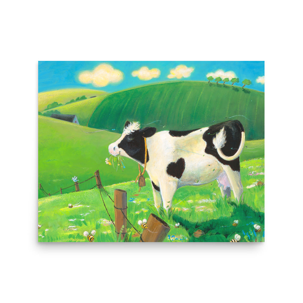 Mindful cow Buttercup, loves everything about her day. Cow munching grass in field. Andrea Beck. From Buttercup's Lovely Day by Carolyn Beck