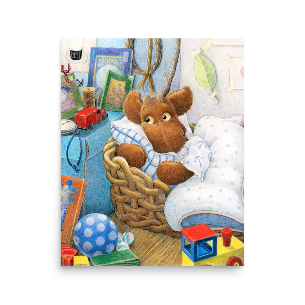 Sweet toy Elliot Moose happy in bed with his treasures.