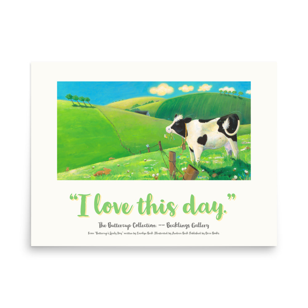 Buttercup the cow loves her day. From "I Love" series of posters by Andrea Beck, Nursery Decor, Picture book art. Cow art. Buttercup's Lovely Day by Carolyn Beck