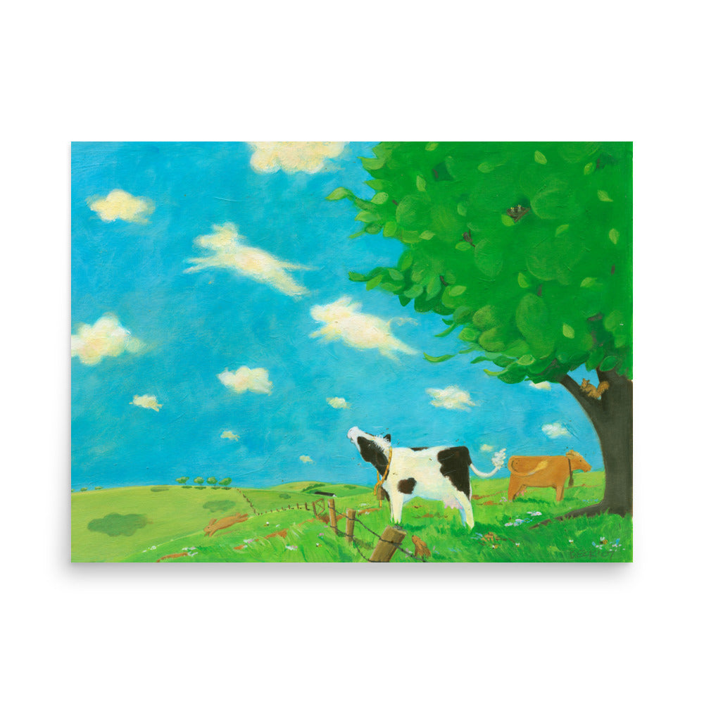 Mindful, sweet cow sees animal shapes in the clouds. Art print from children's book Buttercup's Lovely Day. Pastoral imagery.