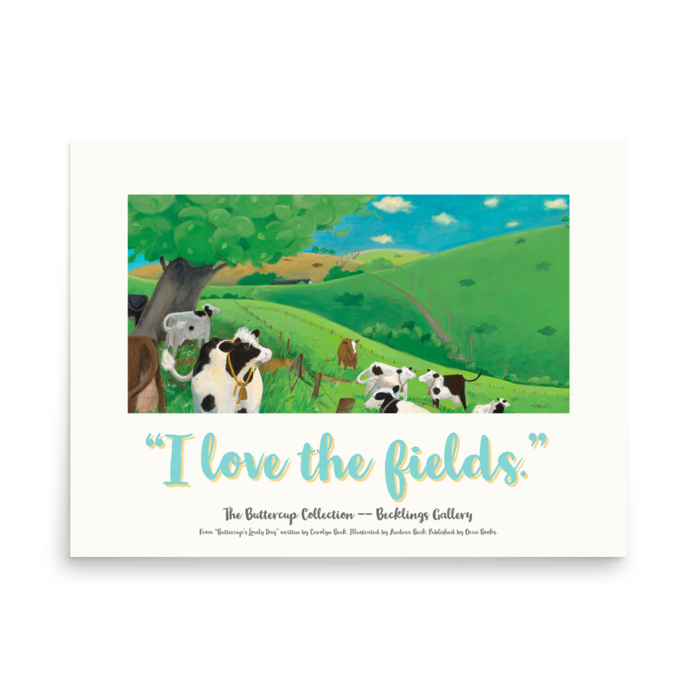 Mindful Buttercup, that beautiful COW, enjoys her field. Lush green fields with black and white COWS.