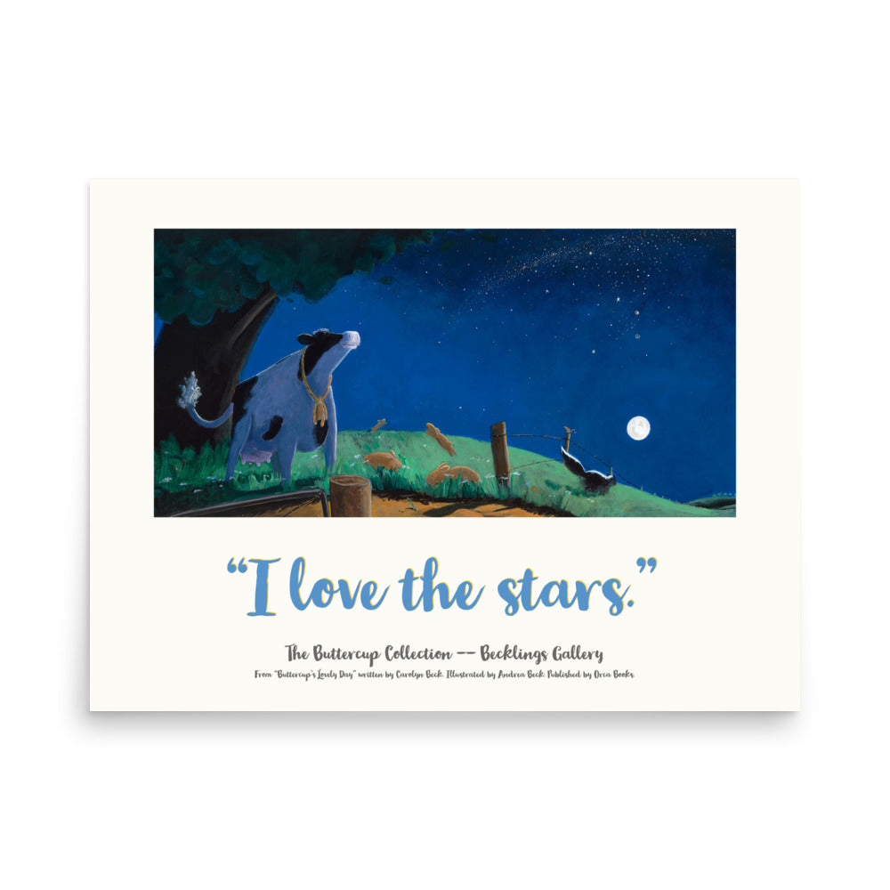 Mindful cow, Buttercup, a serene and loving cow, loves the starry night sky. From the book Buttercup's Lovely Day by Carolyn Beck.