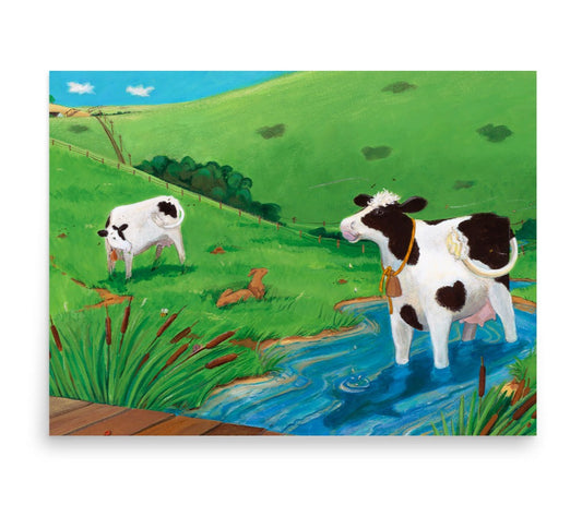 Print of Buttercup, a mindful cow, who enjoys the water as it bubbles and guggles through her legs. From the book, Buttercup's Lovely Day by Carolyn Beck, art by Andrea Beck