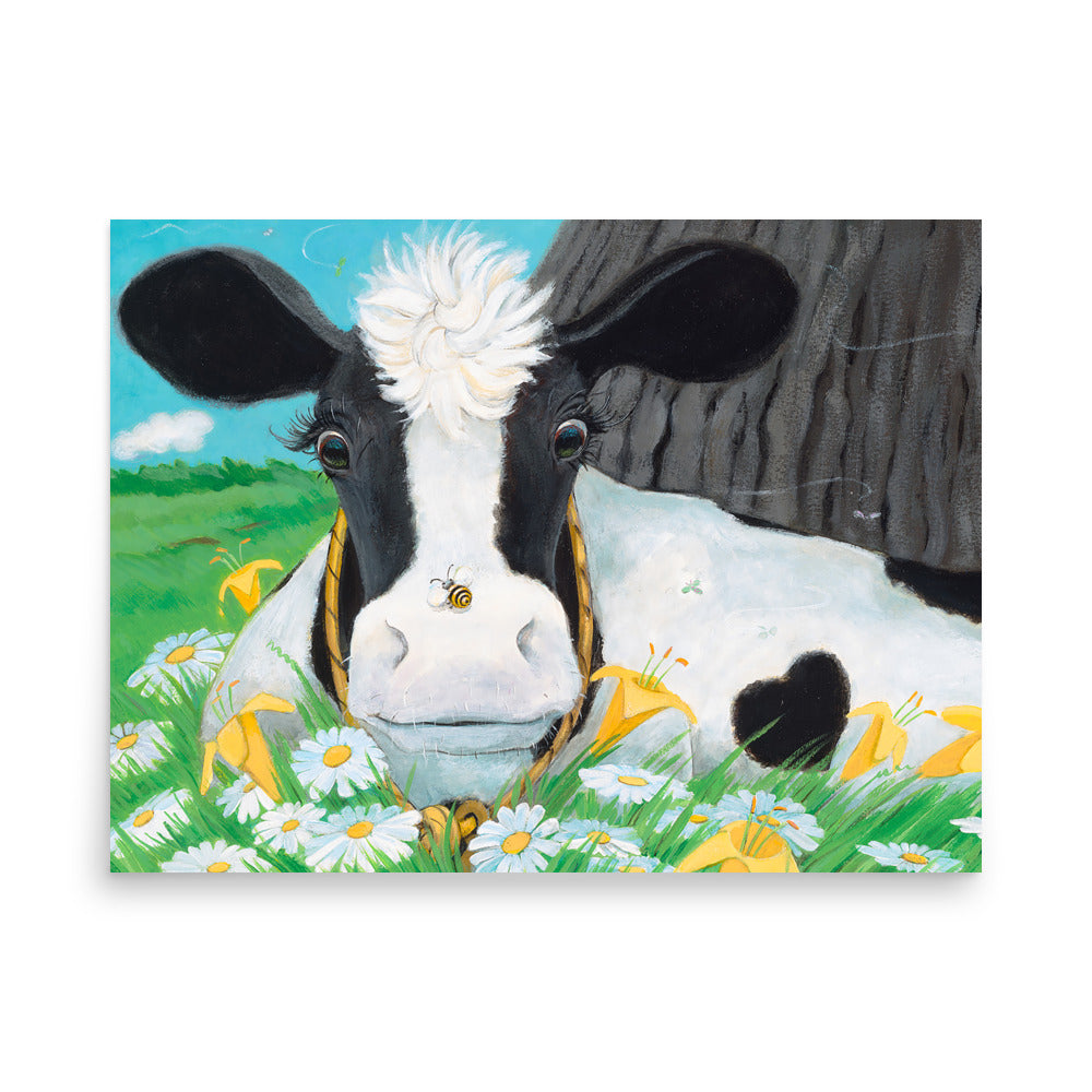 Mindful sweet Buttercup Cow print. Cow is startled by the bumble bee on her nose. From the book Buttercup's Lovely Day by Carolyn Beck, art by Andrea Beck