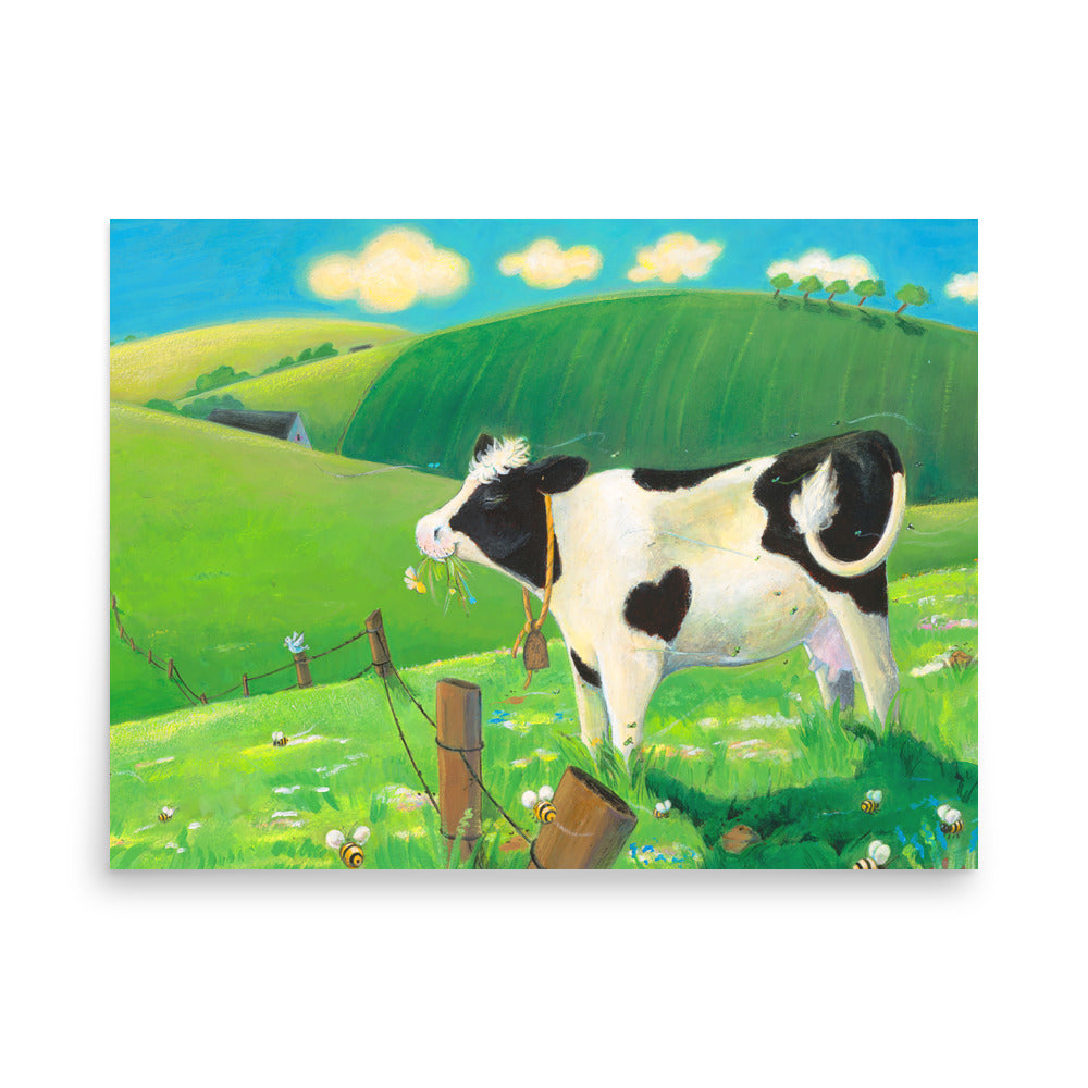 Mindful cow Buttercup, loves everything about her day. Cow munching grass in field. Andrea Beck. From Buttercup's Lovely Day by Carolyn Beck