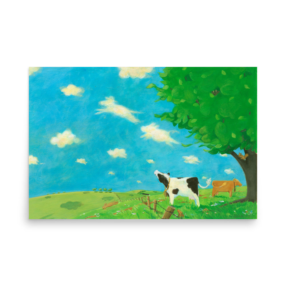 Mindful, sweet cow sees animal shapes in the clouds. Art print from Buttercup's Lovely Day