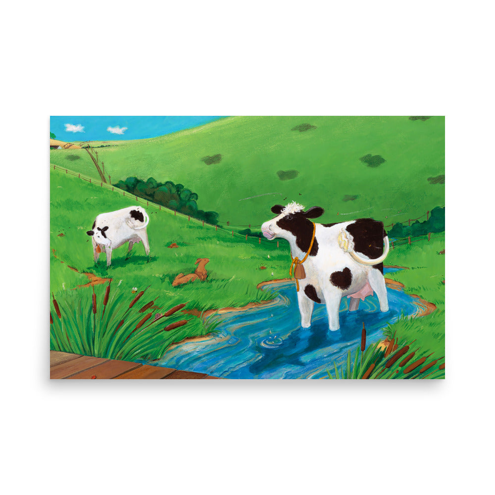 Pastoral cow art, Buttercup a mindful cow stands in a stream and enjoys the water. By Andrea Beck