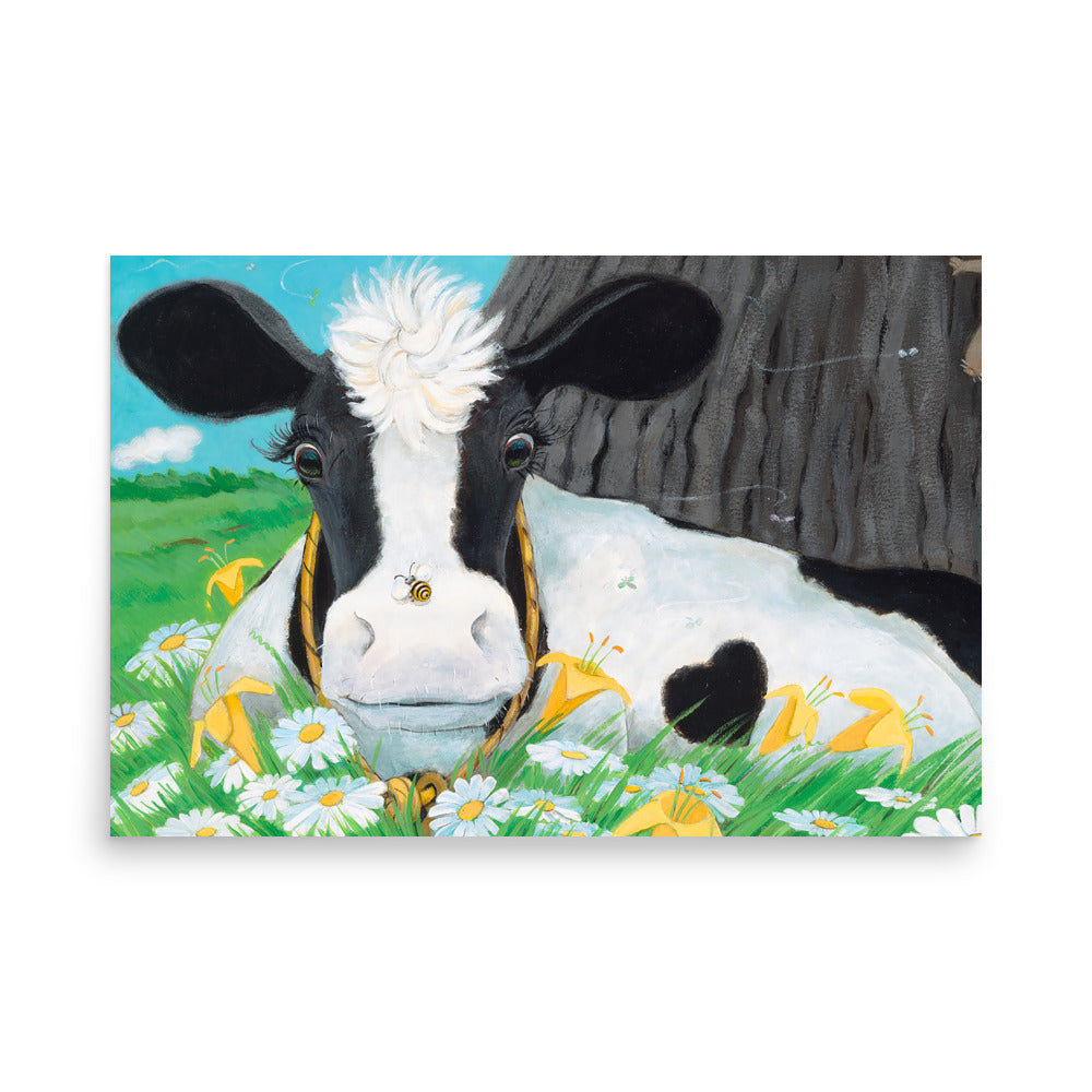 Darling Buttercup the Cow is startled by the bumble bee on her nose. From the book Buttercup's Lovely Day by Carolyn Beck, art by Andrea Beck