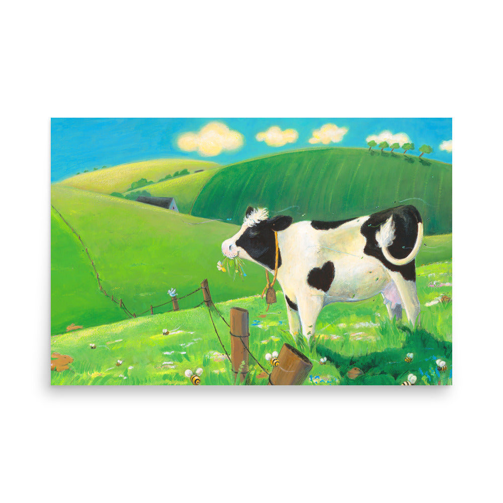 Mindful cow Buttercup, loves everything about her day. Cow munching grass in field. Andrea Beck. From Buttercup's Lovely Day by Carolyn Beck