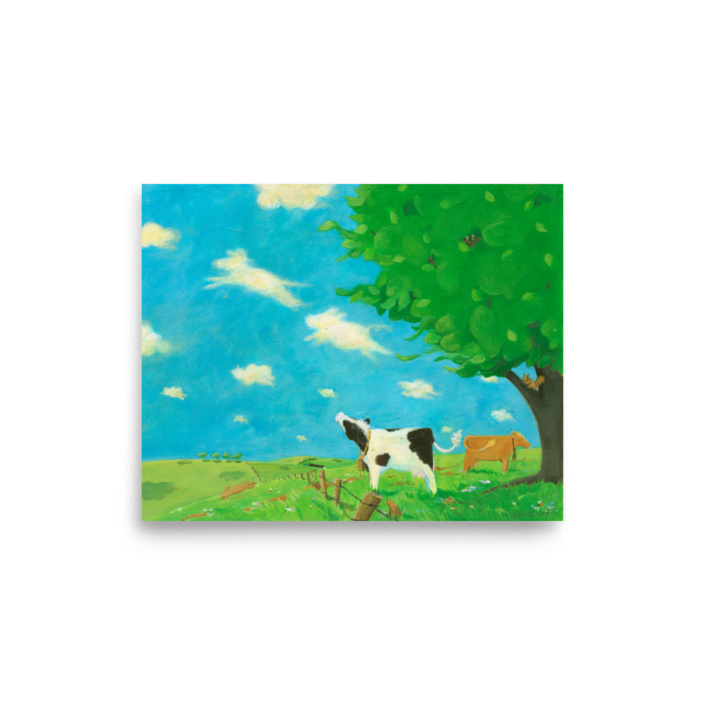 Mindful, sweet cow sees animal shapes in the clouds. Art print from children's book Buttercup's Lovely Day. Pastoral imagery.