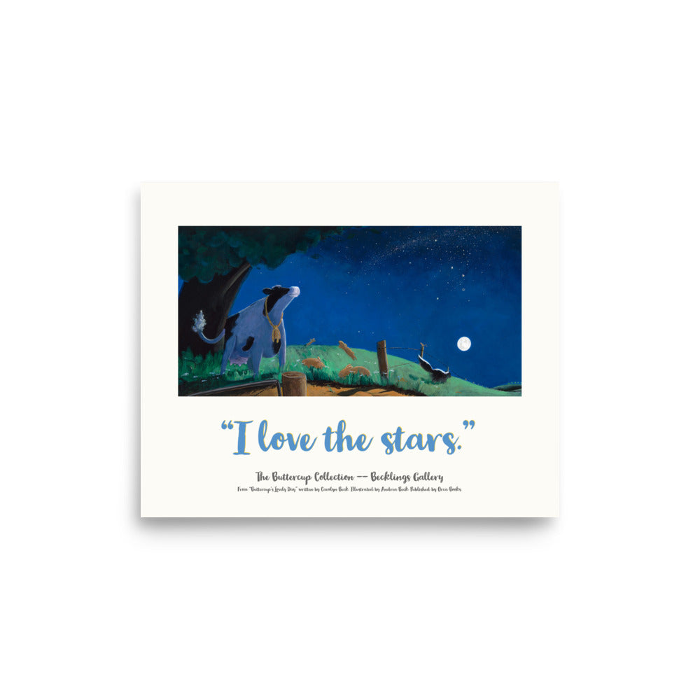 Mindful cow, Buttercup, a serene and loving cow, loves the starry night sky. From the book Buttercup's Lovely Day by Carolyn Beck.