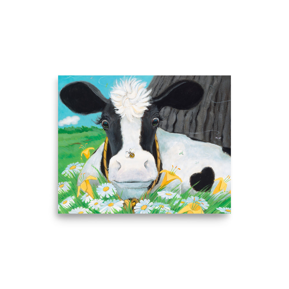 Mindful sweet Buttercup Cow print. Cow is startled by the bumble bee on her nose. From the book Buttercup's Lovely Day by Carolyn Beck, art by Andrea Beck