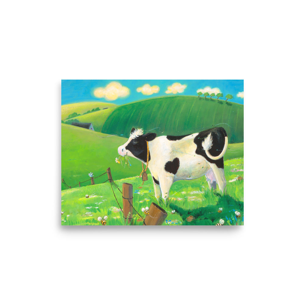 Mindful cow Buttercup, loves everything about her day. Cow munching grass in field. Andrea Beck. From Buttercup's Lovely Day by Carolyn Beck