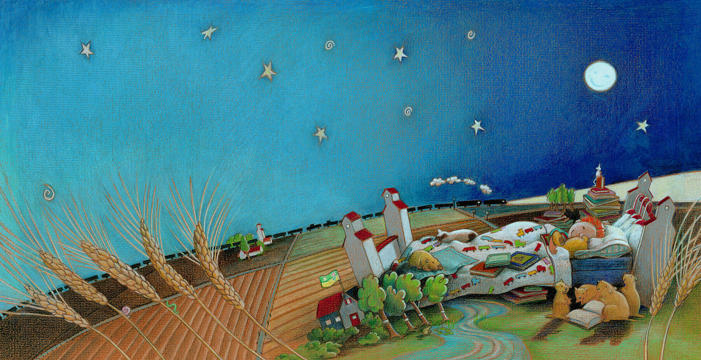 Dreamlike, whimsical children's book illustration of a child sleeping on the Saskatchewan prairie, surrounded by iconic prairie imagery